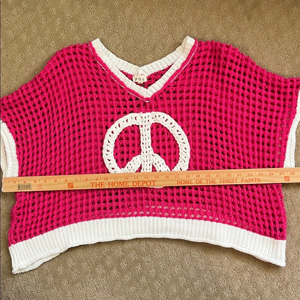 POL Pink and White Peace Crochet Open Knit Crop Top Sz L - Picture 9 of 10